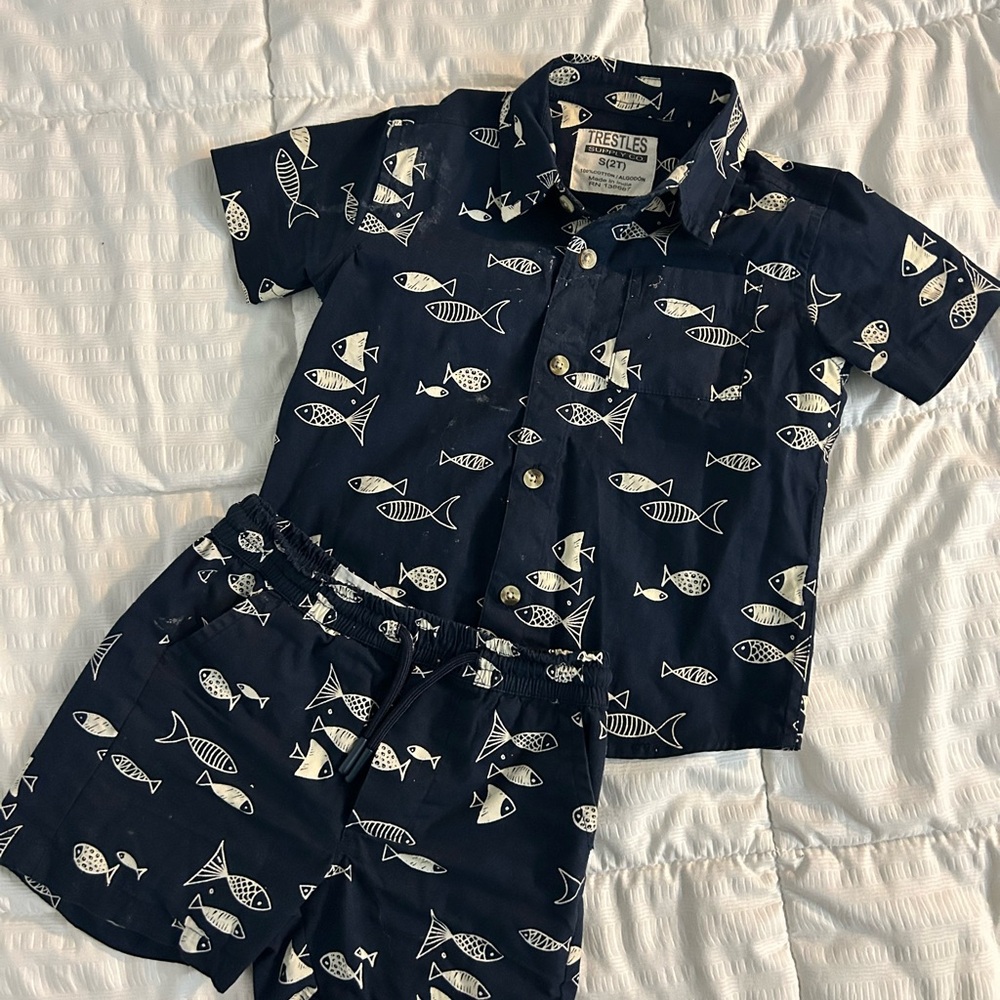 Navy Fish Print Shirt and Shorts Set